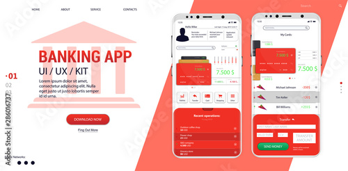 Banking Online - Mobile App (UI, UX, GUI). Well-designed application interface (Card management, Money transfers, Expenses, Payment of bills and E-payment screen) Mobile banking template, vector set