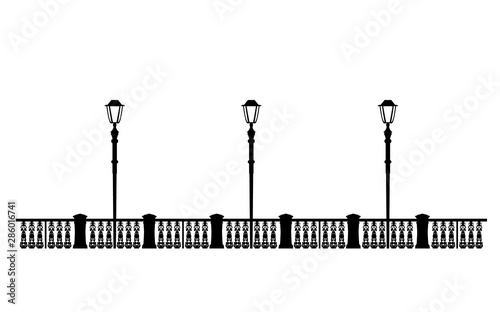 Street black promenade example for design. Architectural solution template editable EPS10 file, illustration lanterns on the waterfront. Stylish Urban graphics.