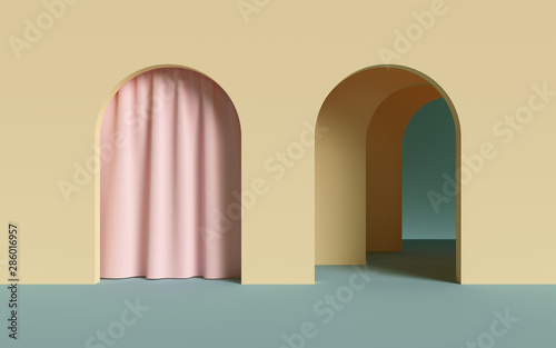 3d render, abstract minimalist geometric background, architectural concept, arch inside yellow wall, pink curtain, paper layers
