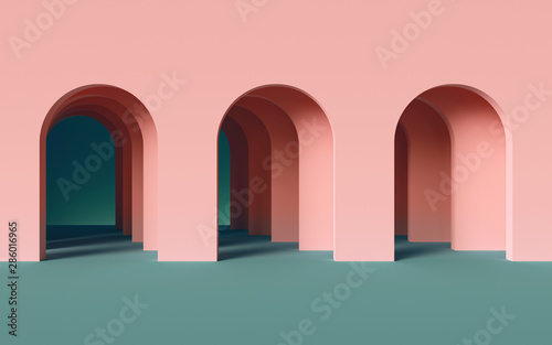 3d render, abstract minimalist geometric background, architectural concept, arch inside pink wall, paper layers