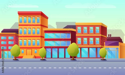 Fototapeta Naklejka Na Ścianę i Meble -  Cartoon empty city street with buildings in the morning, vector illustration.