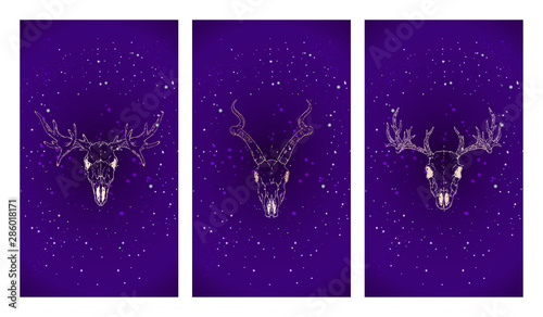 Vector set of three illustrations with gold silhouettes skulls deer, antelope and moose against the background of the starry sky. Purple color image.