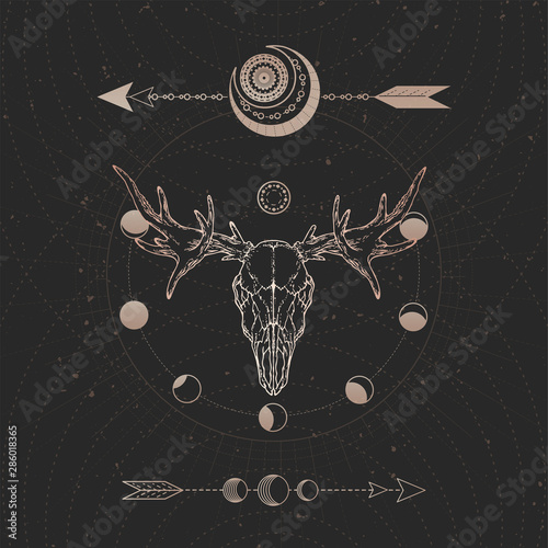 Vector illustration with hand drawn Moose skull and Sacred geometric symbol on black vintage background. Abstract mystic sign.