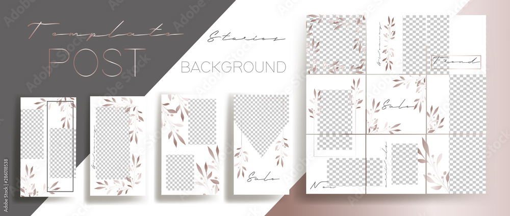 Fototapeta Design backgrounds for social media banner. Set of instagram stories and post frame templates.Vector cover. Mock up for personal blog or shop.Layout for promotion.Endless square puzzle layout
