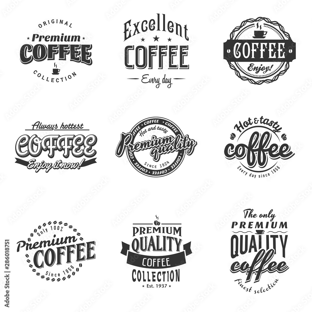 Set of vintage retro coffee logos for badges and labels of cafe and coffee shop - obrazy, fototapety, plakaty 
