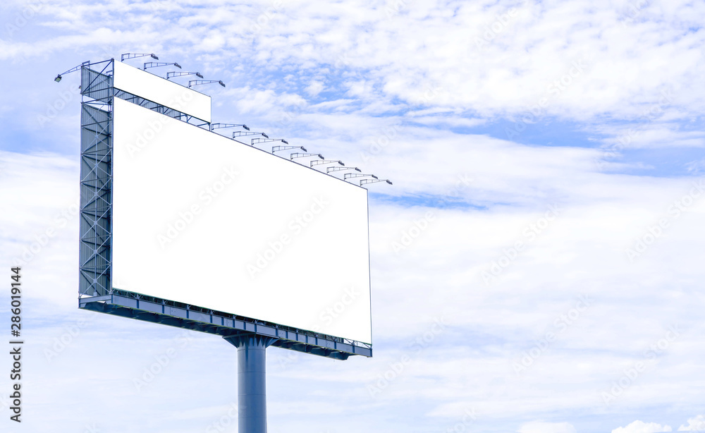 Blank billboard mockup with white screen against clouds and blue sky background. Copy space banner for advertisement. Outdoor Frame template poster media Ads display. Blank billboard mockup with white screen against clouds and blue sky background. Copy space banner for advertisement. Outdoor Frame template poster media Ads display.