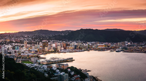 Schilderij op canvas Wellington city and harbour from Mount Victoria at sunset.