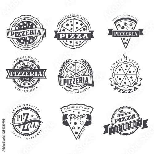 Vector pizzeria simple flat pizza logo set