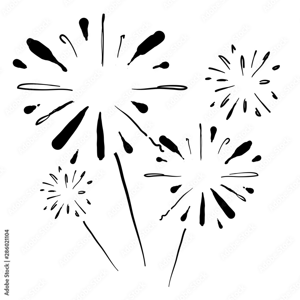 Obraz premium Fireworks composition with doodle images of firework spots of different shape cartoon handdrawn style
