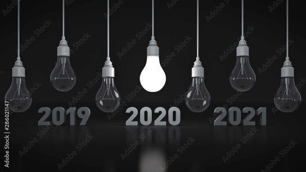 2020 New Year sign inside light bulbs. 3D rendering 2020 New Year sign inside light bulbs. 3D rendering