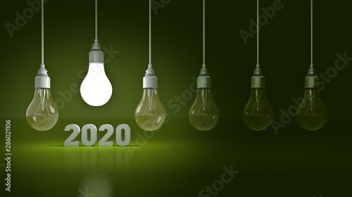 2020 New Year sign inside light bulbs. 3D rendering