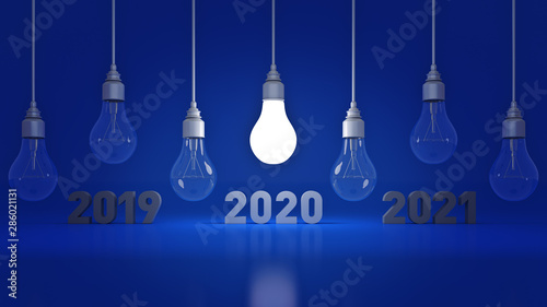 2020 New Year sign inside light bulbs. 3D rendering