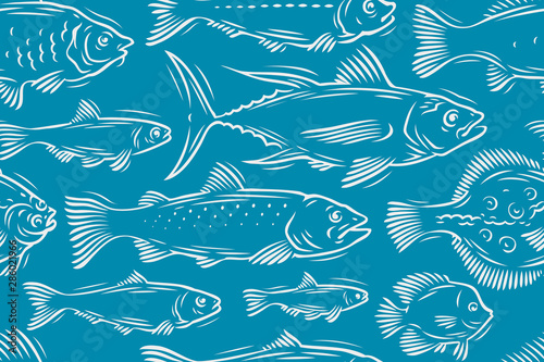 Fish seamless background. Underwater world, seafood vector illustration