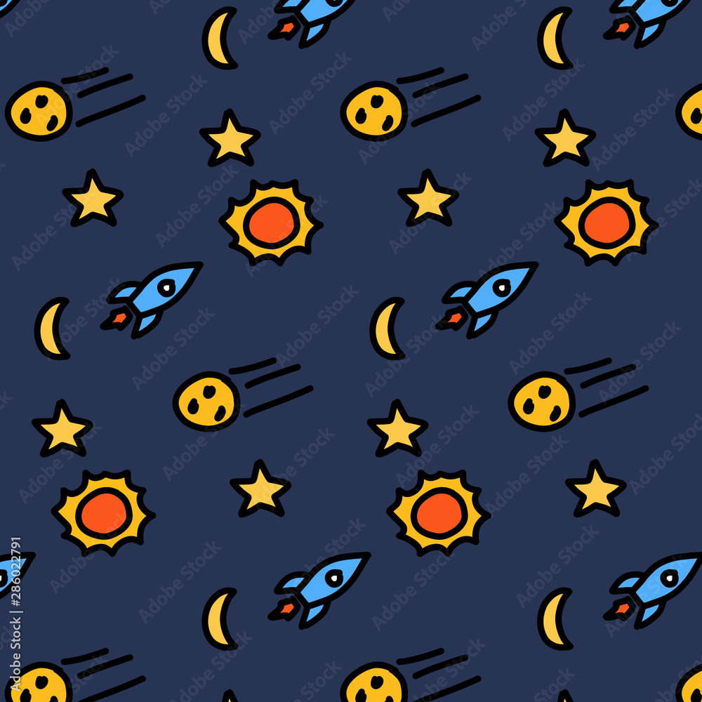 Background pattern of doodle line in space concept (Rocket, star, sun, starfall)