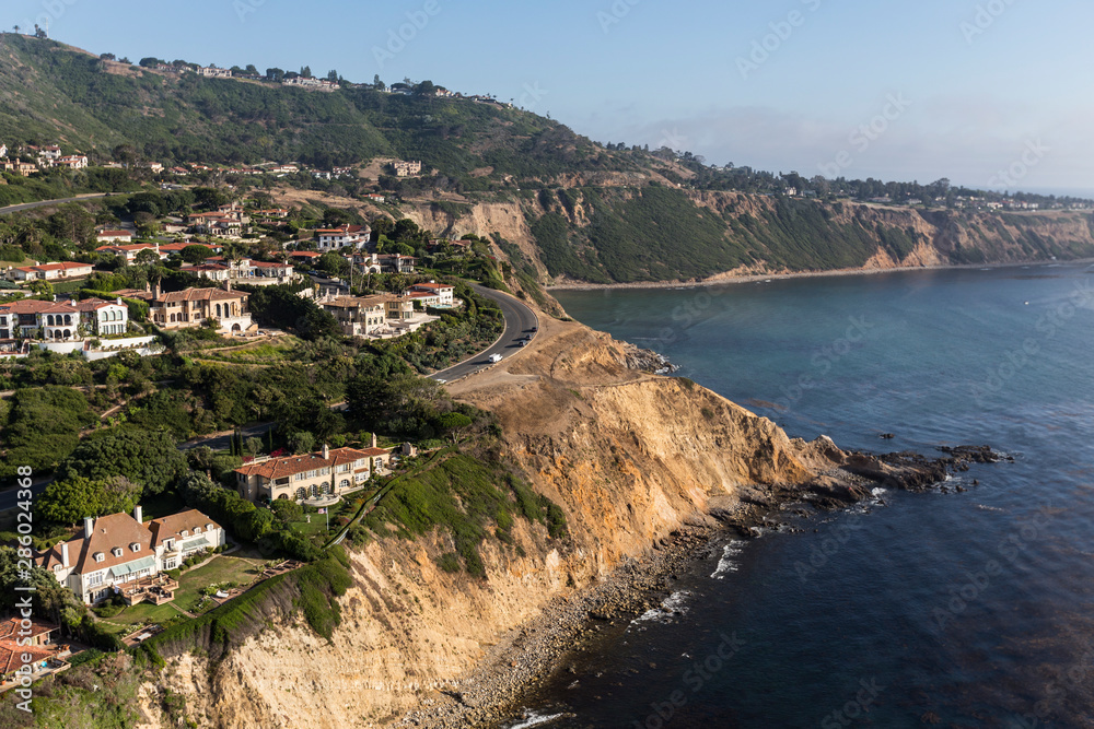 Coastal aerial view of ocean bluffs and homes in the Rancho Palos Verdes area of Los Angeles County, California.  