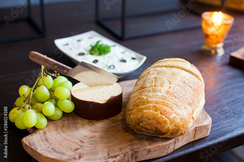 Cheese, bread and fruits