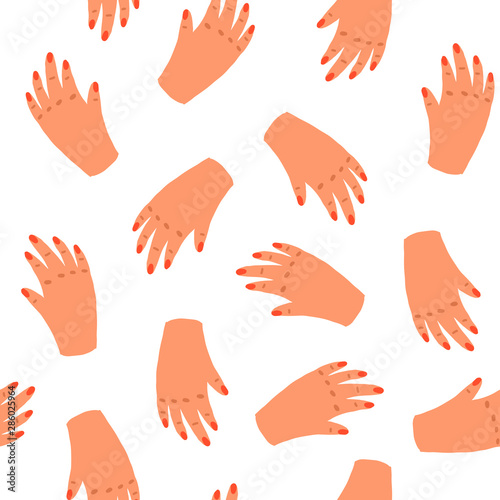 Seamless Pattern with woman hands. Vector Endless Background with Simple Doodle Style. Hand draw Texture of Female palms