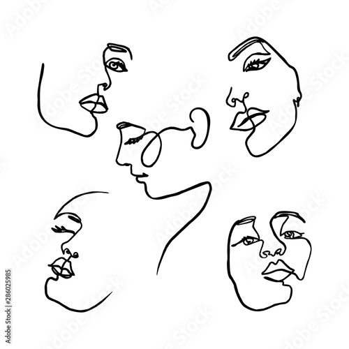 One Line drawing of set Woman's Face. Continuous line Portrait of a girl In a Minimalist Style. Vector Illustration.