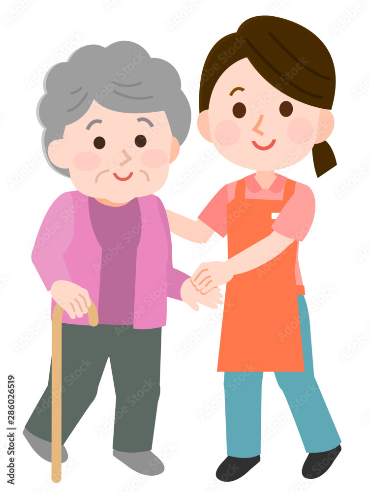 おばあさんを介助する女性介護師 イラスト おばあさんを介助する女性介護師 イラスト