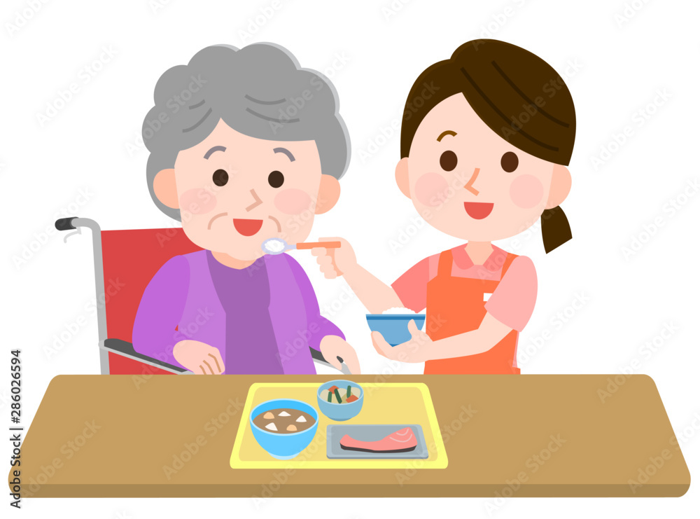 おばあさんに食事介助する女性　イラスト