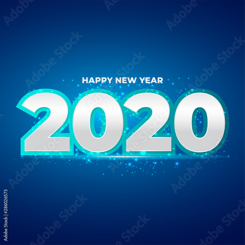Happy New Year 2020 number with blue glitter splatter. Festive premium design template for greeting card, calendar, banner. glowing lights circle on blue background. Vector illustration