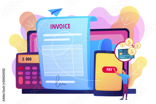 Money loan contract, e payment application, finances management. Payment terms, convenient contract payments, invoice payment terms concept. Bright vibrant violet vector isolated illustration