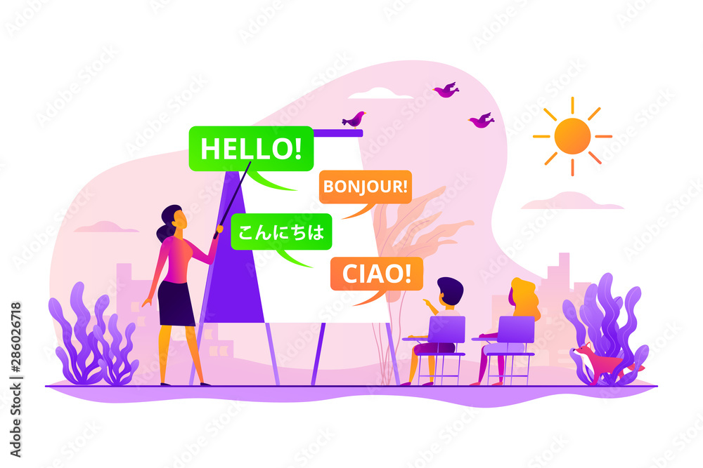 Language courses, classes teacher, native speaker. Kids speaking club. Language learning camp, summer language program, learn foreign languages concept. Vector isolated concept creative illustration Language courses, classes teacher, native speaker. Kids speaking club. Language learning camp, summer language program, learn foreign languages concept. Vector isolated concept creative illustration