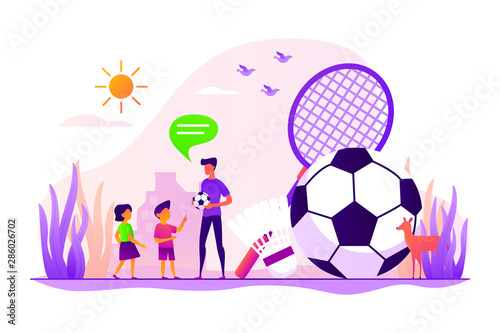 Active kids games. Family outdoor activities. Children playing badminton, football. Sport summer camp, multi sports camp, active summer time concept. Vector isolated concept creative illustration