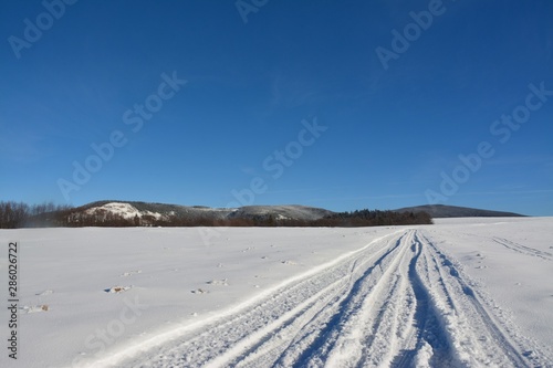 a road through the snow on the field