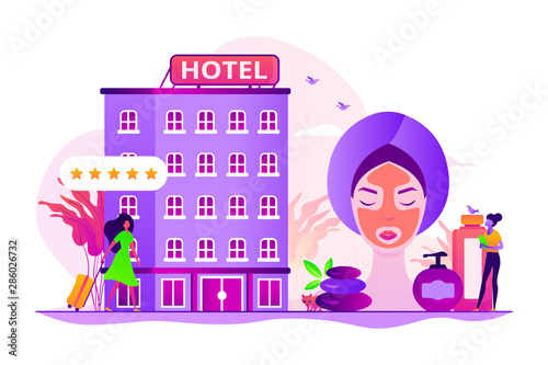 Hotel facilities and services. Businesswoman with suitcase. Wellness and spa hotel, enjoyable lifestyle, massage and bodywork service concept. Vector isolated concept creative illustration