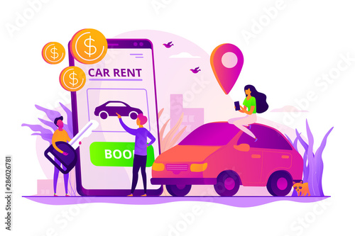 Car rent, automobile leasing. Clients choosing personal transport. Auto dealership. Rental car service, budget car rental, online car booking concept. Vector isolated concept creative illustration