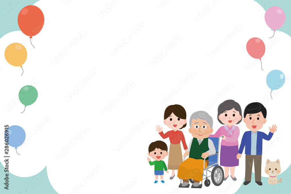 車椅子の祖父 三世代家族 風船 枠 フレーム イラスト Stock Vector Adobe Stock