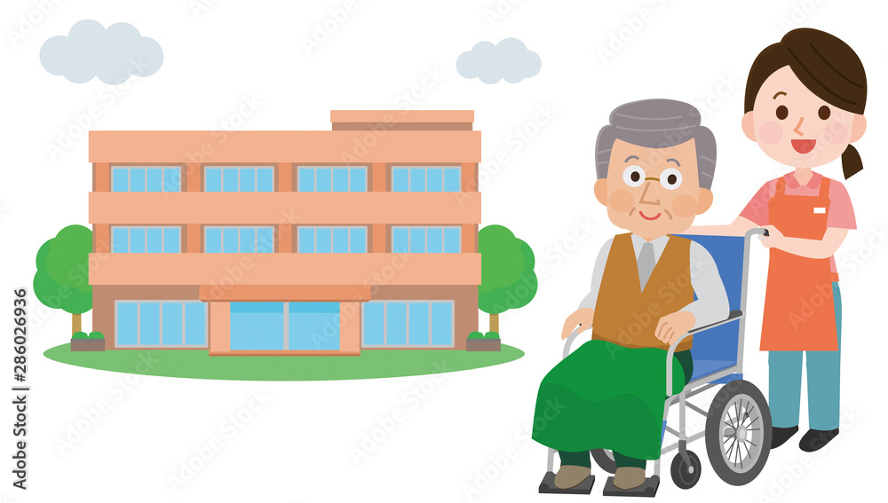車椅子のおじいさん 介助する男性介護士 介護施設 イラスト Stock Vector Adobe Stock