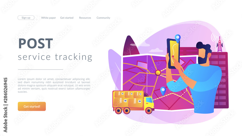 GPS tracker on postal agent truck. Watching delivery in real time. Post  service tracking, parcel monitor, track and trace your shipment concept.  Website homepage landing web page template. Stock Vector | Adobe
