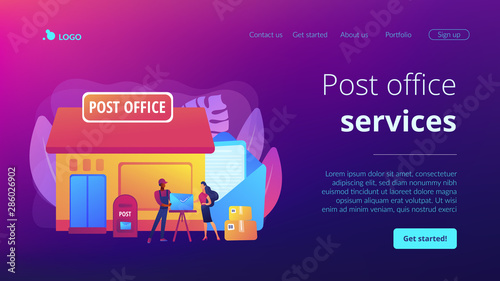 Documents, letters express courier delivering. Postal services. Post office services, post delivery agent, post office card accounts concept. Website homepage landing web page template.