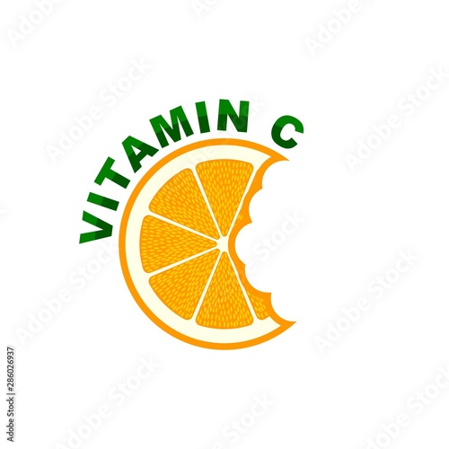 Vitamin C sign on orange fruit, nutrition logo label illustration.