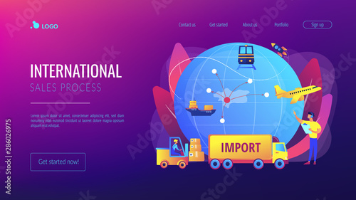 Company specializing in foreign products. Import of goods and services, import goods services, international sales process concept. Website homepage landing web page template.