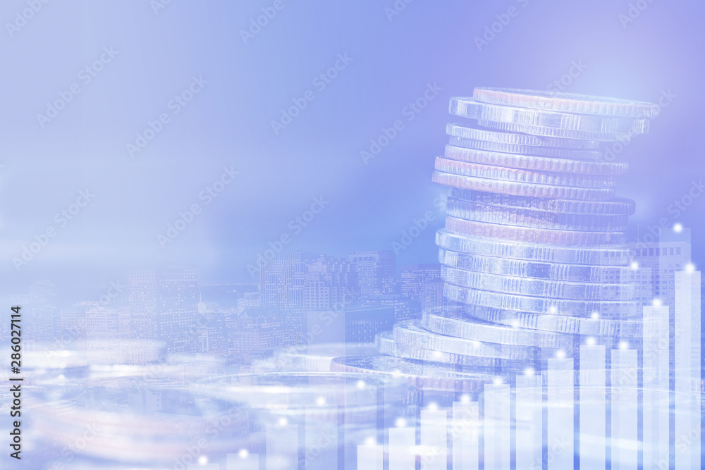 Φωτογραφία Financial investment concept, Double exposure of city night and stack of coins for finance investor, Forex trading candlestick chart economic , ECN Digital economy, business