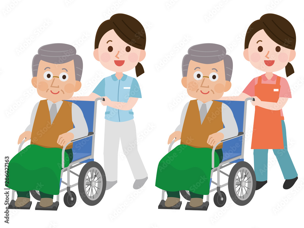 車椅子のおじいさんを介助する女性介護士 イラスト