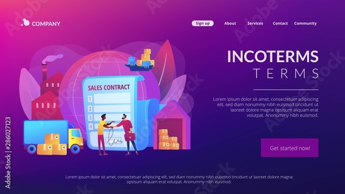 International business partnership, global trade. Sales contract terms, Incoterms terms, international trading regulations concept. Website homepage landing web page template.