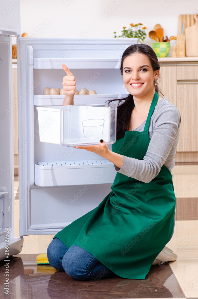 Young woman cleaning fridge in hygiene concept Young woman cleaning fridge in hygiene concept