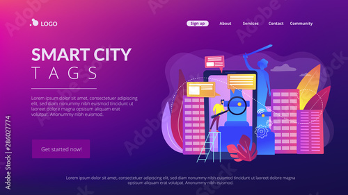 GPS navigator, mobile app for travelers, trip guide, website forum. Smart destinations project, smart city tags, enjoy your digital travel concept. Website homepage landing web page template.
