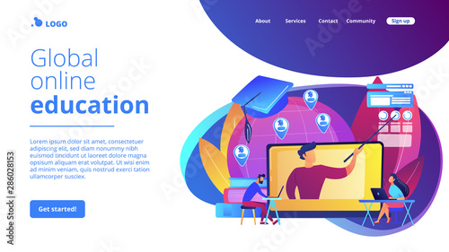 Distance university students flat characters watching tutorial video. Global online education, e-learning tools, internet training webinar concept. Website homepage landing web page template.