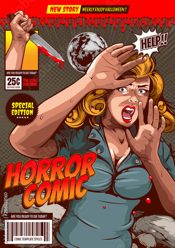 horror comic cover template  background, picture hand holding a knife and woman in very shocked fear,  and speech bubbles, doodle art, Vector illustration.