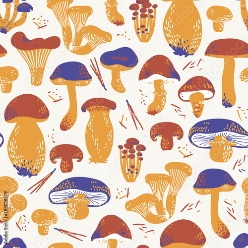 Edible Mushrooms seamless pattern. Linocut old style. Hand drawn vector illustration.
