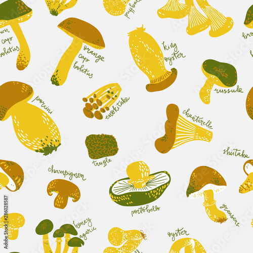 Edible Mushrooms with names seamless pattern. Linocut old style. Hand drawn vector illustration.