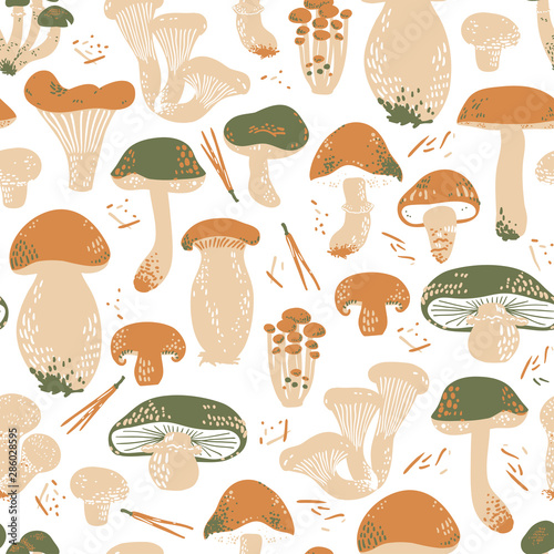 Edible Mushrooms seamless pattern. Linocut old style. Hand drawn vector illustration.