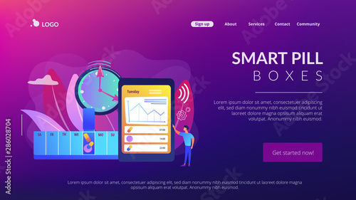 Smart, digital perscribed pill, remedy boxes. app controlled medication, medication minding device, set medication schedule concept. Website homepage landing web page template.
