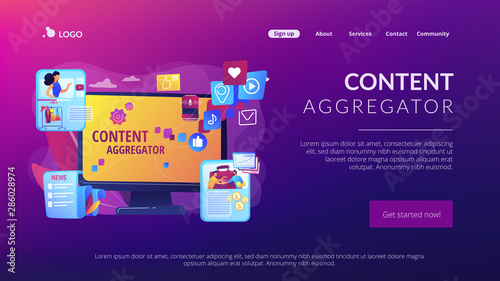 Different data compilation. Collection of media. Content aggregator, best media content here, aggregated content for resale concept. Website homepage landing web page template.
