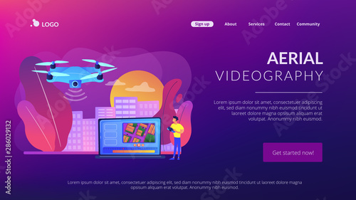 Birds eye view position. Live streaming droning, flight. Aerial videography, professional aerial video, drone inspection service concept. Website homepage landing web page template.